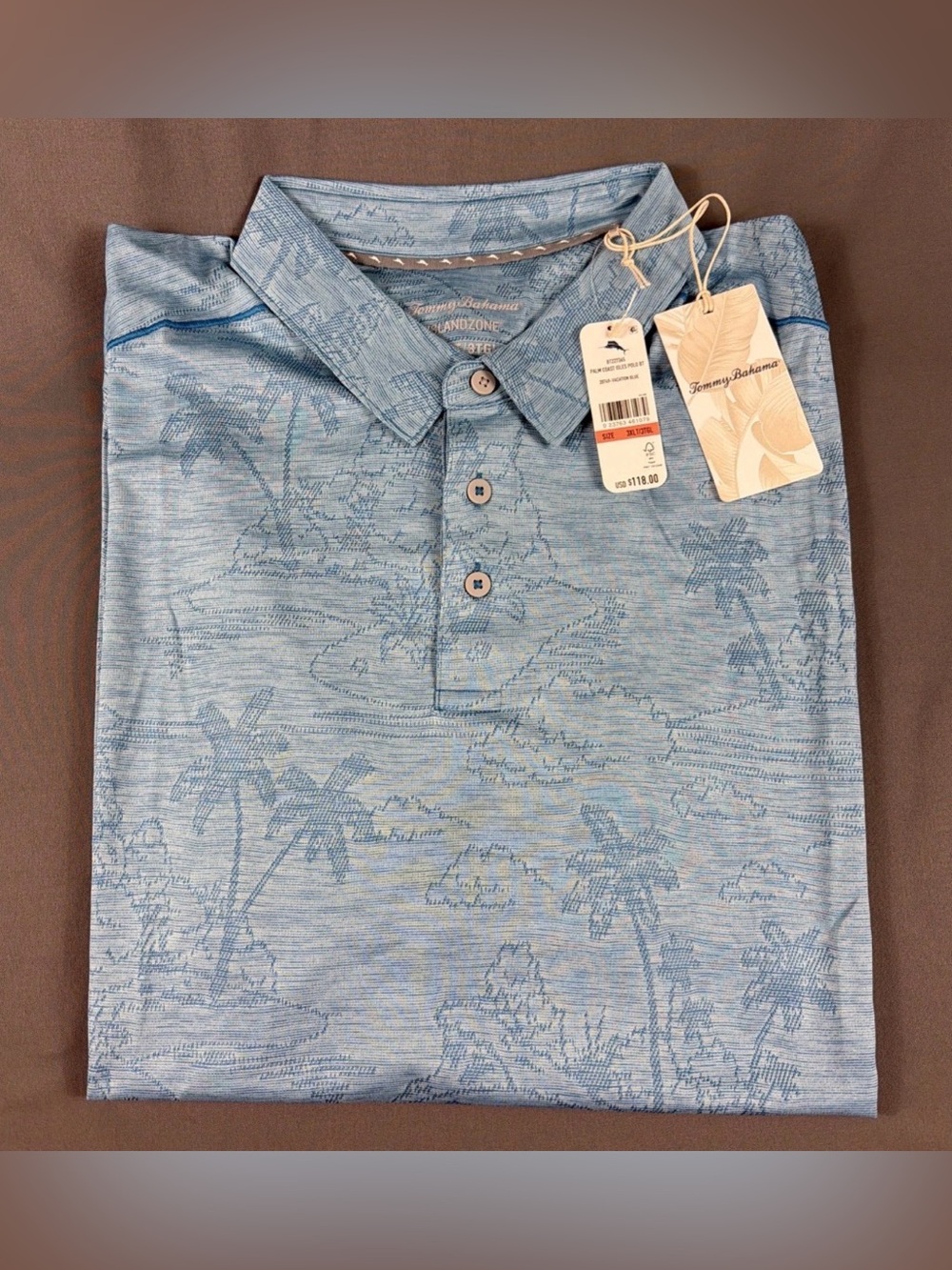 Tommy Bahama Golf Shirt Polo Palm Coast Isle Print 3XLT Blue Polyester MSRP $128